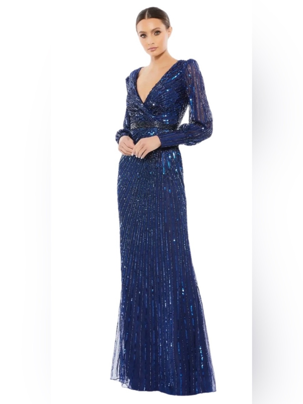 NWT Mac Duggal Midnight Blue Sequin Long Sleeve Trumpet Gown Size 6 $598 MSRP